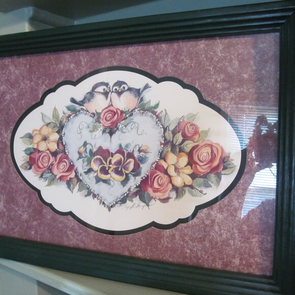 Vtg Home Interiors Joy Alldredge Picture - Chickadees, Heart, Flowers 19 x 13 - Picture 9 of 15